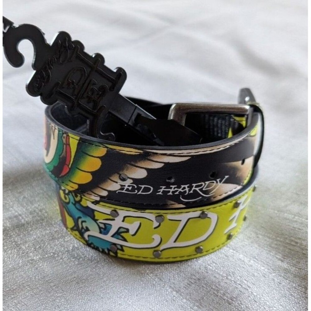 Ed Hardy Dragon Tattoo Neon Print Belt Men's Size 38 NEW!